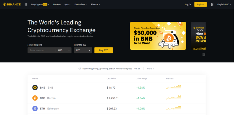 Binance Startseite für Krypto Trading
