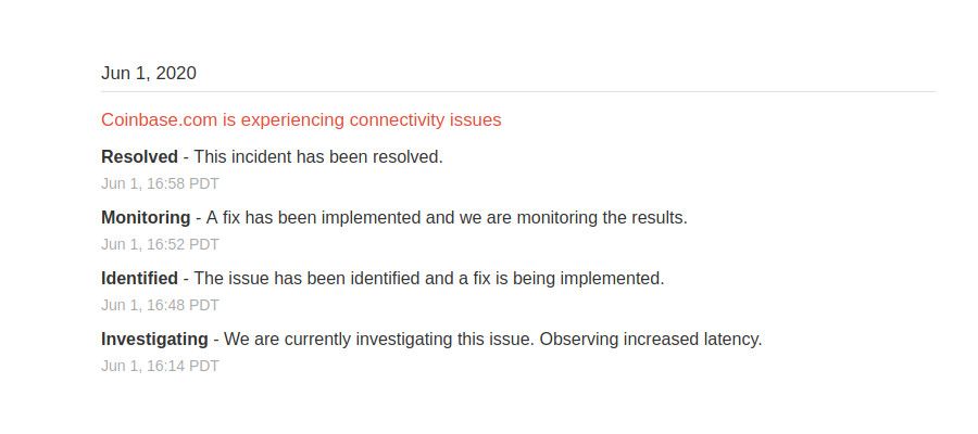 Coinbase Status vom 01. Juni