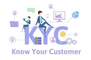 Know Your Customer Schriftzug auf dem Cartoon Menschen sitzen