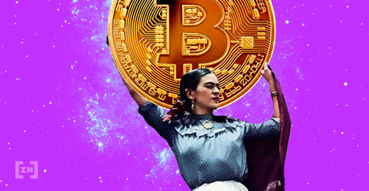 Frau trägt Bitcoin Münze auf dem Rücken