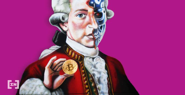 Terminatorgesicht in Mozart ähnlicher Figur mit Bitcoin Münze in der Hand