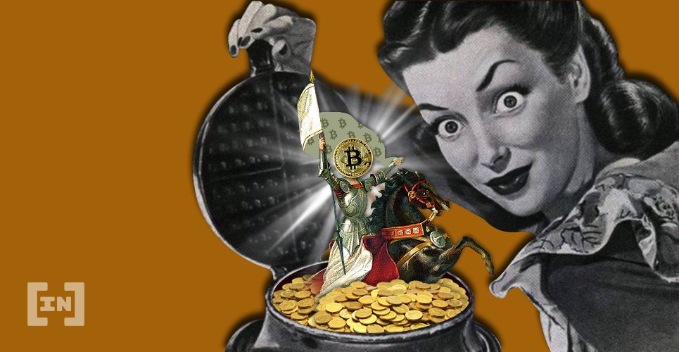Frau öffnet Waffeleisen woraus ein Bitcoin Ritter springt