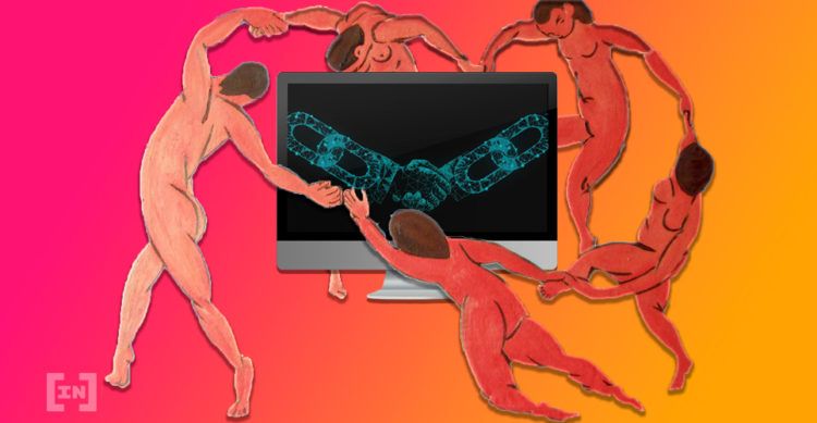 Nackte Menschen tanzen um einen Computerbildschrim auf dem eine Kette zu sehen ist