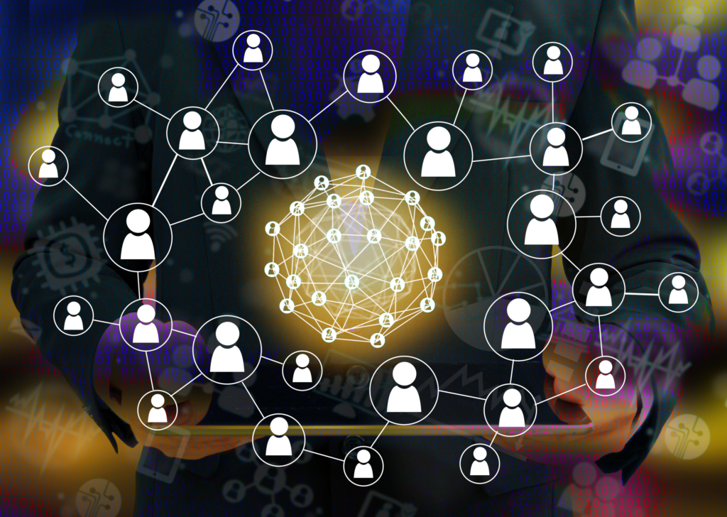 Cluster von Personen, dezentrales Netzwerk, Peer to Peer