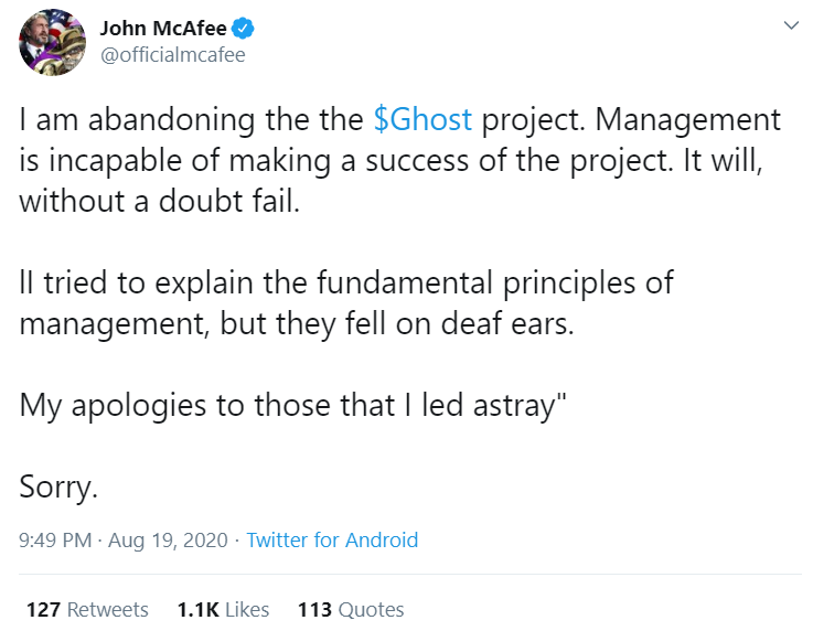  John McAfee GHOST Tweet