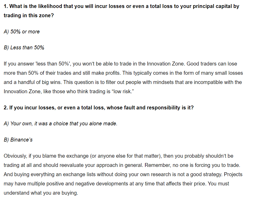 Binance innovation zone questions