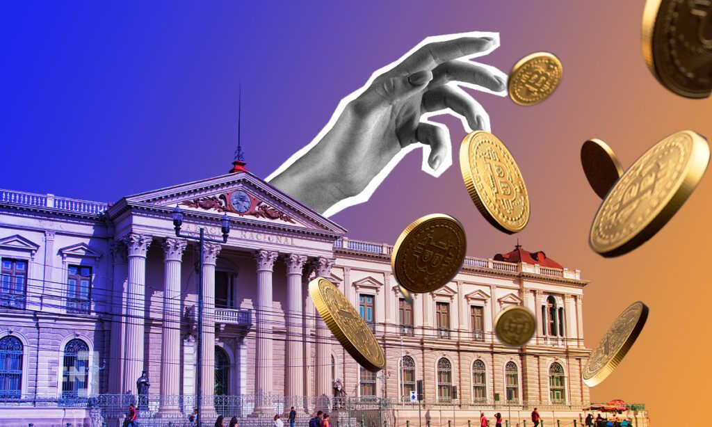 Bitcoin Münzen mit Regierungsgebäude von El Salvador
