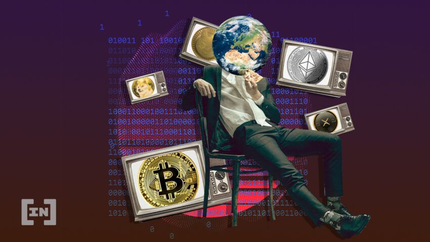 Man with a globe as a head sitting casually in a chair eating pizza is surrounded by coins displayed on old televisions.