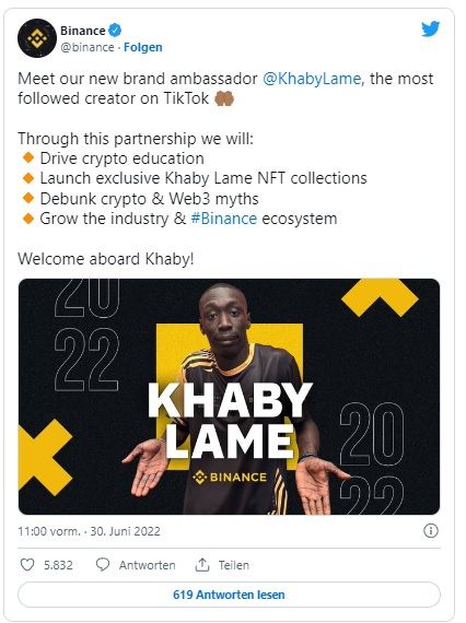 Tweet: Khaby Lame wird Partner der Krypto-Börse Binance
