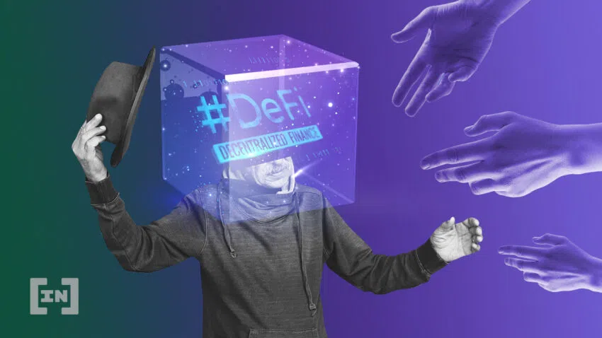 Man sieht einen Mann ohne Gesicht einen Hut heben. Sein Kopf ist ein Block mit dem #DeFi und der Schriftzug DECENTRALIZED FINANCE. Einige Hände reichen in seine Richtung - Ein Bild von BeInCrypto.com.