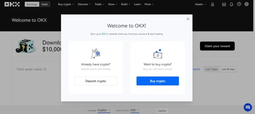 Man sieht das Interface auf okx.com. Genauer gesagt das erste Fenster im Registrationsmenü nachdem man in der rechten oberen Ecke auf "Sign up" geklickt hat - Ein Bild von okx.com.