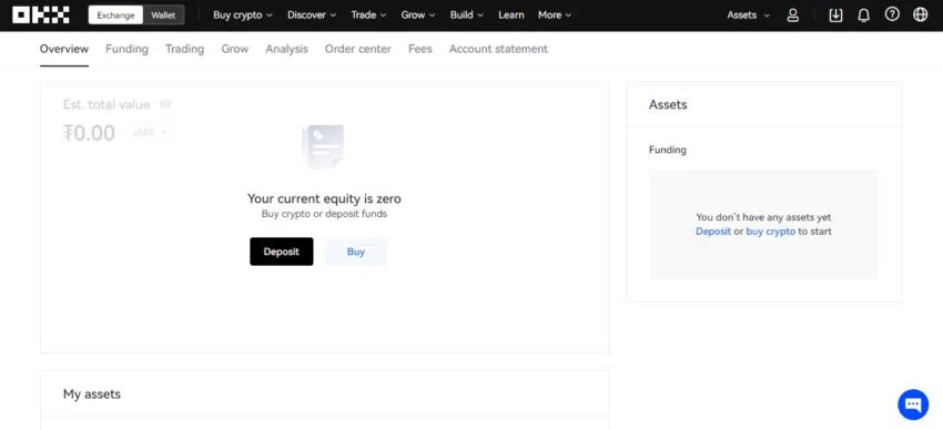 Man sieht das Dashboard eines Accounts auf okx.com nach deren Registrierung - Ein Bild von okx.com.